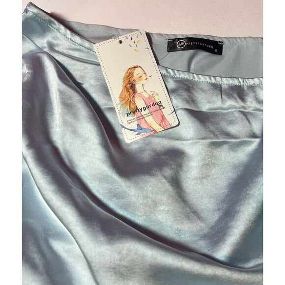 One Shoulder Ruched Satin Draped Slit Dress - Pretty Garden, Light Blue Small - Picture 3 of 9